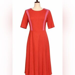 Boden orange and pink midi colorblock fit and flair dress. M